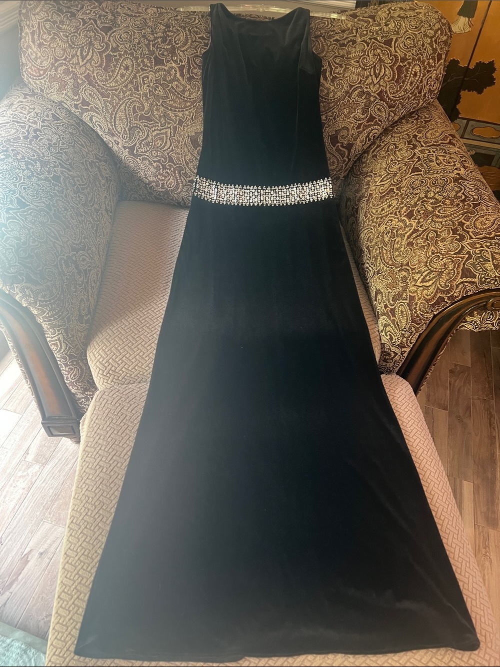 Black Velvet Evening Gown with Embellished Waist. Size 4. Deep V back